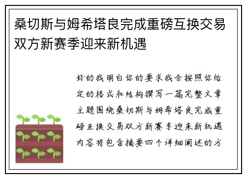 桑切斯与姆希塔良完成重磅互换交易双方新赛季迎来新机遇